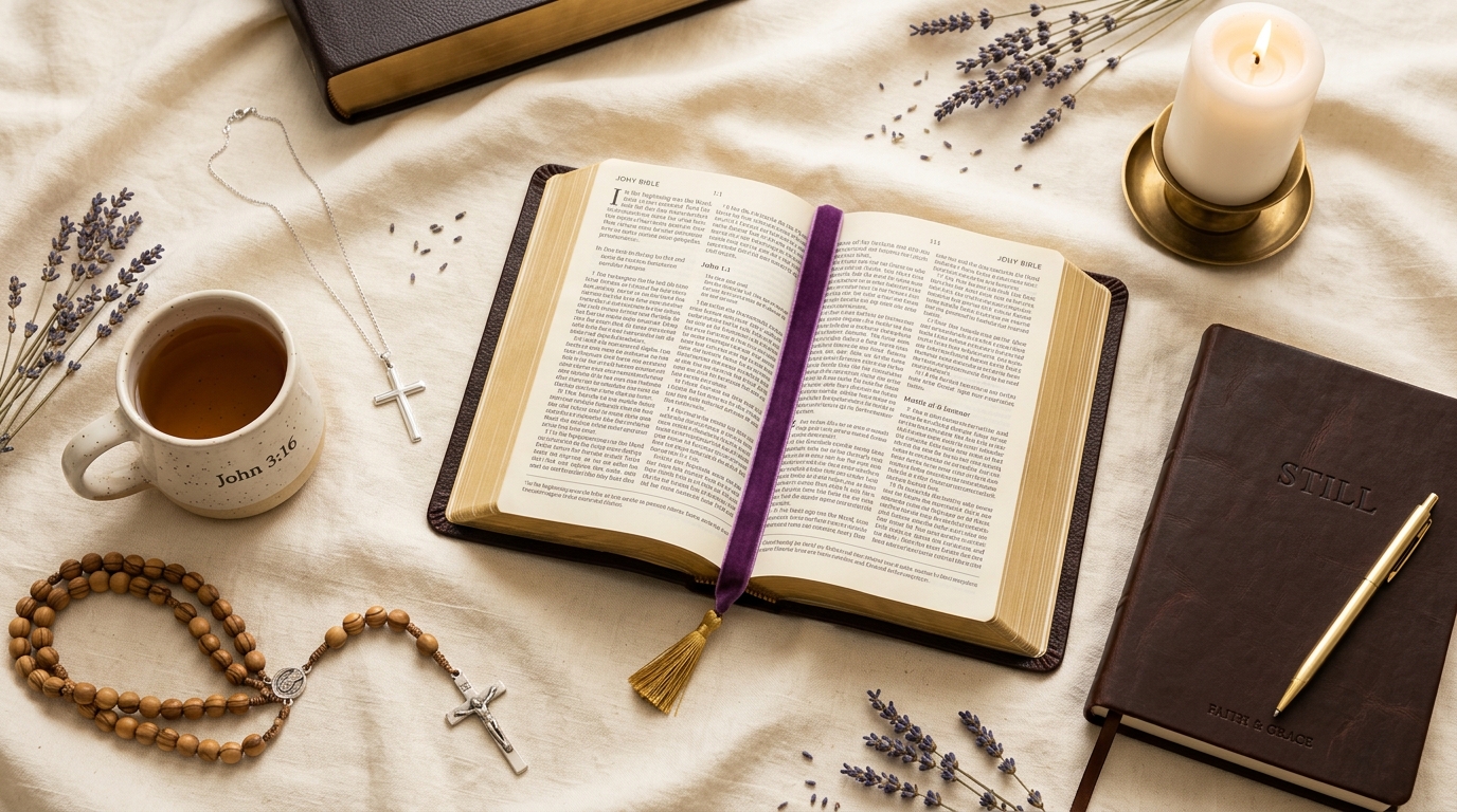 Christian merchandise flatlay with Bible, cross necklace, and devotional items